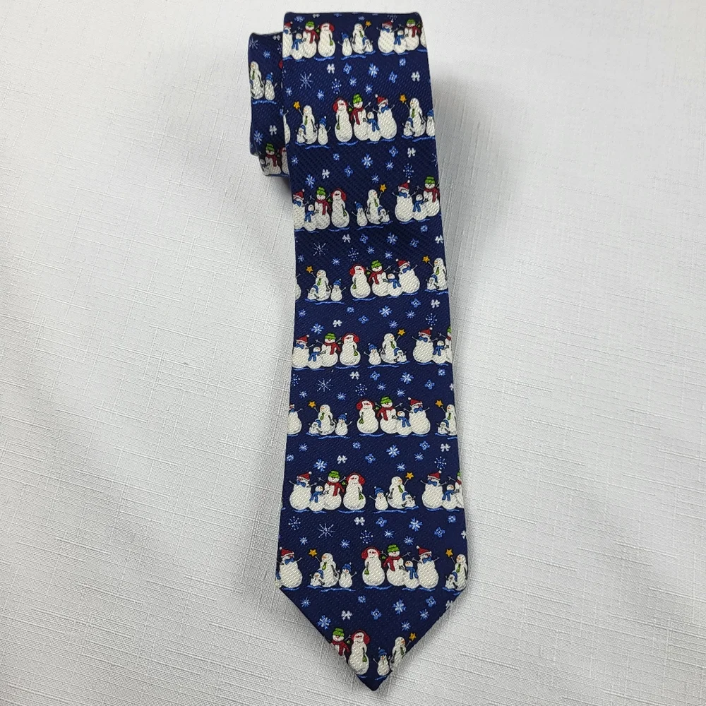 Talbots Kids Snowman NECKTIE TIE Boys Silk Blue White Christmas Holiday Winter
